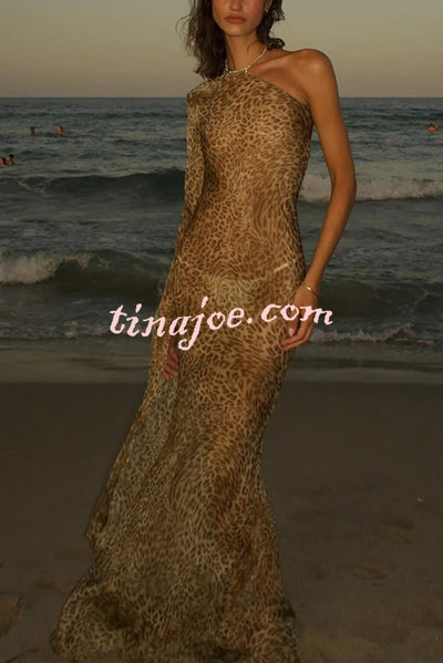 Leopard Print One Sleeve Sexy See-Through Fit Maxi Dress
