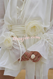 Solid Color Long Sleeve V-Neck Lace-Up Elegant Flower Decorated Mini Dress