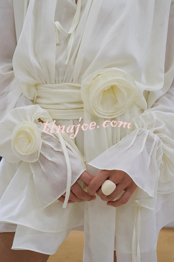 Solid Color Long Sleeve V-Neck Lace-Up Elegant Flower Decorated Mini Dress