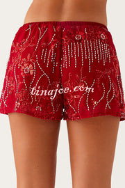 Dazzling Sequin Beaded Material Low Rise Elastic Waist Loose Shorts