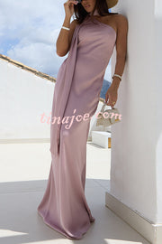 Cheers Babe Satin Solid Color Elegant One Shoulder Tie Maxi Dress