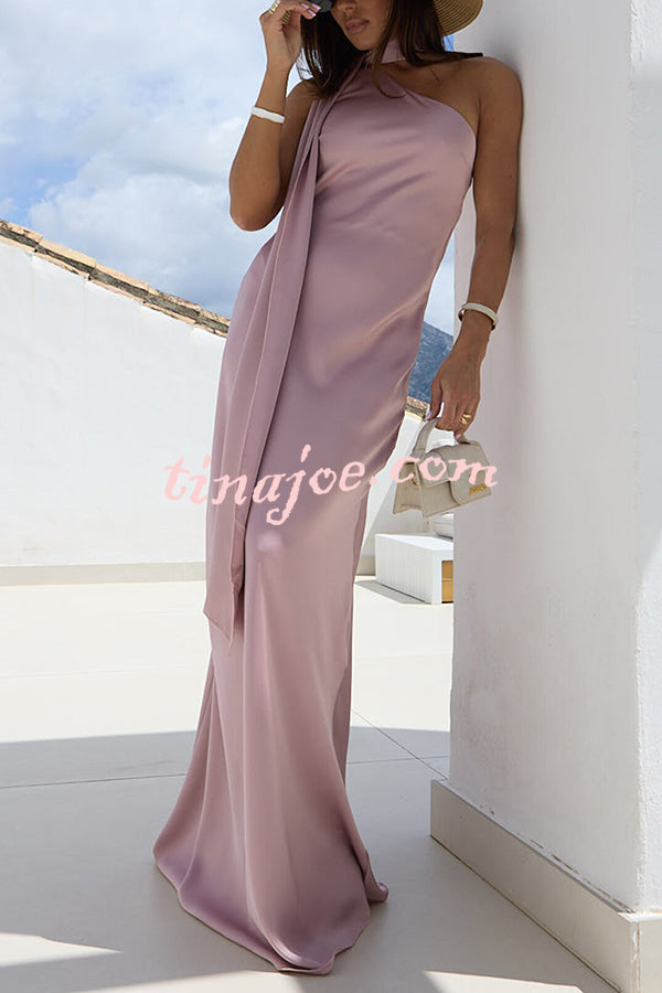 Cheers Babe Satin Solid Color Elegant One Shoulder Tie Maxi Dress