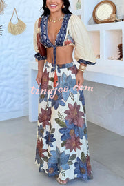 Unique Printed V-Neck Tie Cropped Top and Elastic Waist Casual Maxi Skirt Set