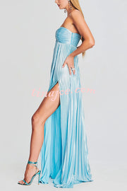 Metallic Sexy Tube Top Pleated High Slit Maxi Dress