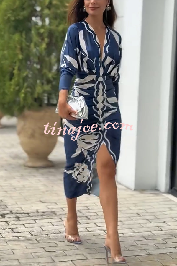 Caliana Unique Print Dolman Long Sleeve Ruched Slit Midi Dress