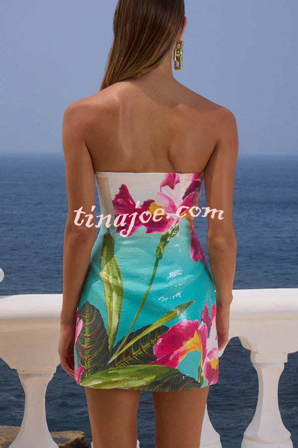 Beach Club Sequin Unique Print Strapless Stretch Mini Dress