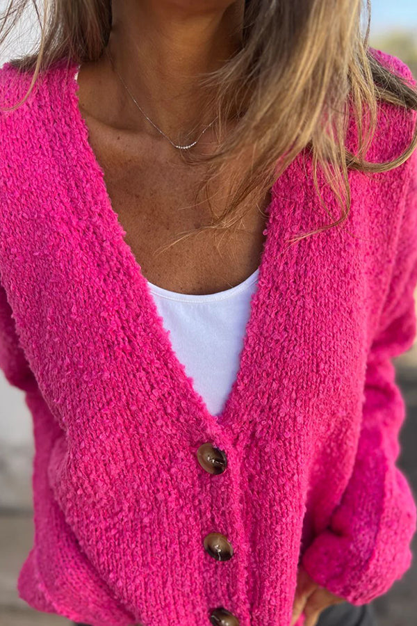 Solid Color V-neck Long-sleeved Fashionable Knitted Cardigan