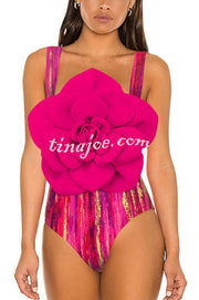 Fashionable Contrast Color Large Flower Stretch One-piece Swimsuit