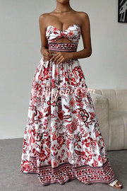 Floral Print Cutout Bandeau Top and Elastic Waist Full Maxi Skirt Set