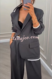 Fashion Sports Style Ribbed Colorblock Lapel Blazer and Elastic Waist Pocket Loose Pants Set
