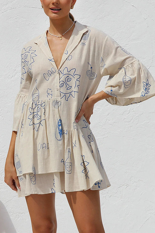 Shelby Unique Print Bell Sleeve Smock Style Tiered Shirt Mini Dress