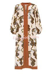 Bradley Linen Blend Color Block Cheetah Print Balloon Sleeve Pocketed Maxi Dress