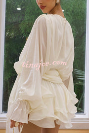 Solid Color Long Sleeve V-Neck Lace-Up Elegant Flower Decorated Mini Dress