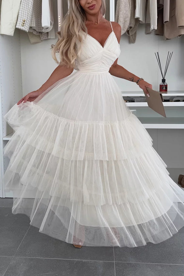 Romantic Movie Tulle Ruched Tiered Hem Slip Maxi Dress