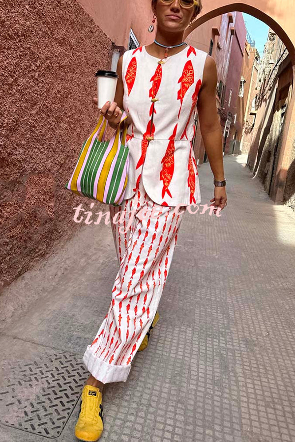 Good Luck Linen Blend Koi Pattern High Rise Elastic Waist Loose Pants