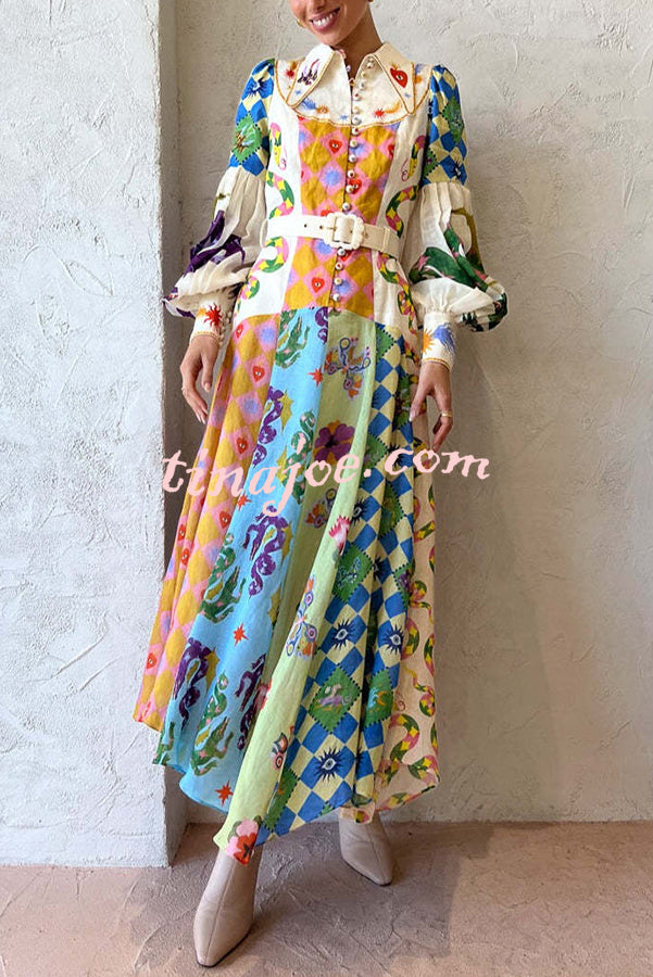 Bold and Chic Irregular Unique Print Balloon Sleeve Belt Shirt Midi Dress