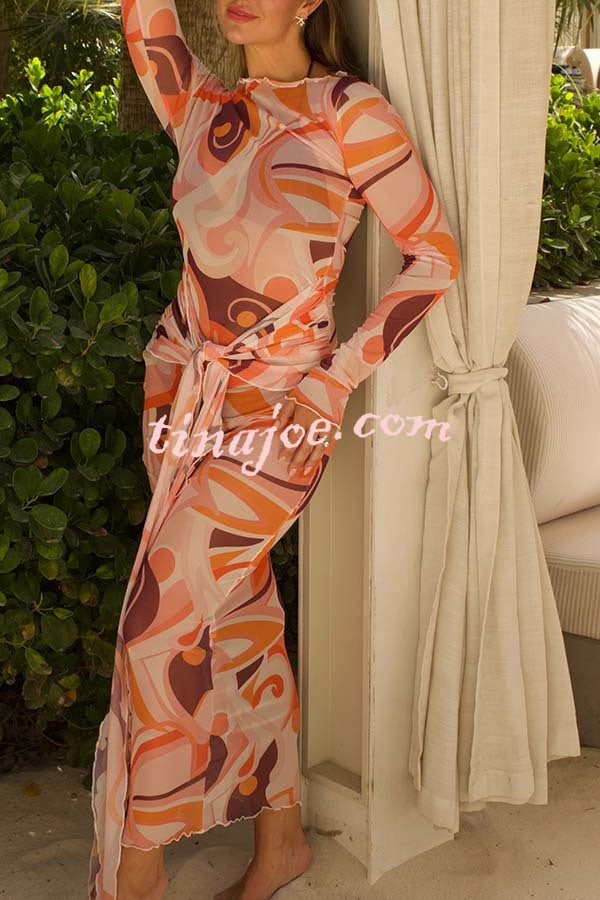 Nessie Mesh Unique Print Tie-up Waist Long Sleeve Stretch See-Through Maxi Dress