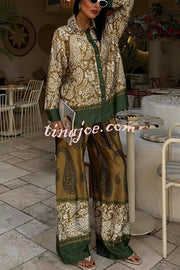 Naya Satin Contrast Color Paisley Long Sleeve Shirt and Elastic Waist Pocketed Pants Set