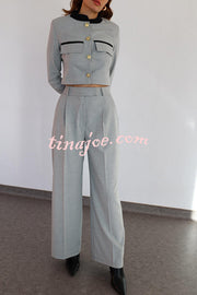 Stylish Contrasting Cropped Long Sleeve Top and Pocket Straight Leg Pants Set