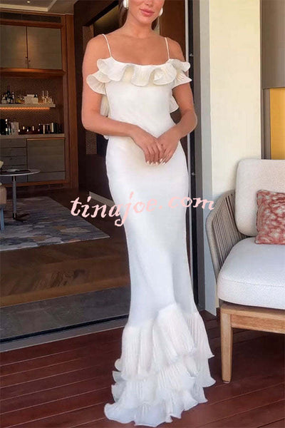 Alisin Pleated Chiffon Wavy Ruffles Trim Slip Maxi Dress