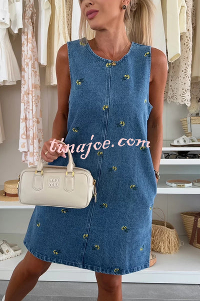 Floral Print Round Neck Sleeveless Loose Denim Mini Dress