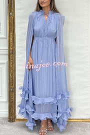 Fashionable V-neck Lace-up Ruffled Double-layer Hem Maxi Dress