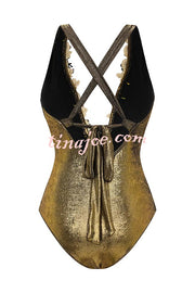 Solid Color Shiny Fabric Deep V Metal Embellished Stretch One-piece Swimsuit