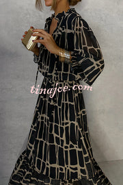 Unique Printed V-neck Tie-up Waist Long-sleeve Maxi Dress