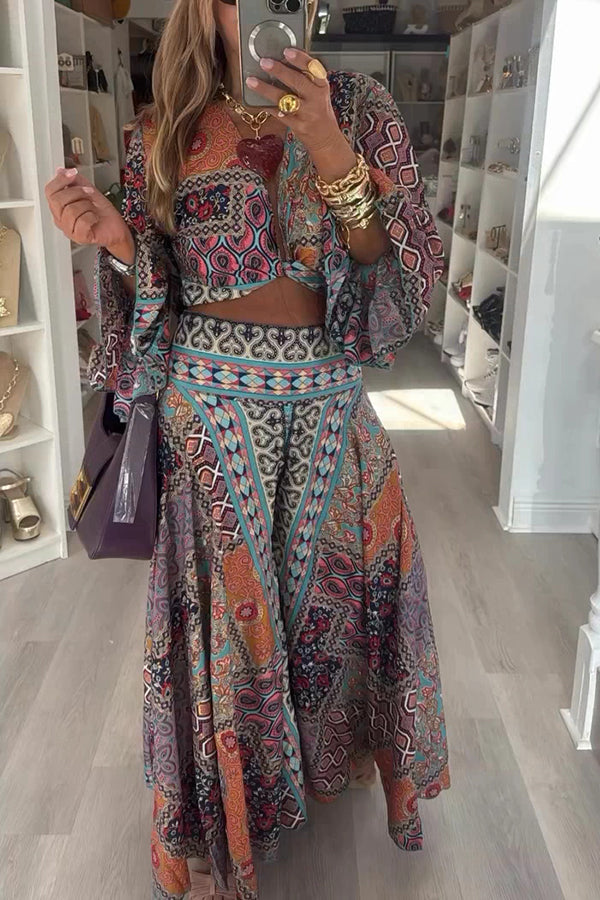 Unique Boho Ethnic Print Balloon Sleeve Crop Top and Elastic Waist Wide-leg Pants Set