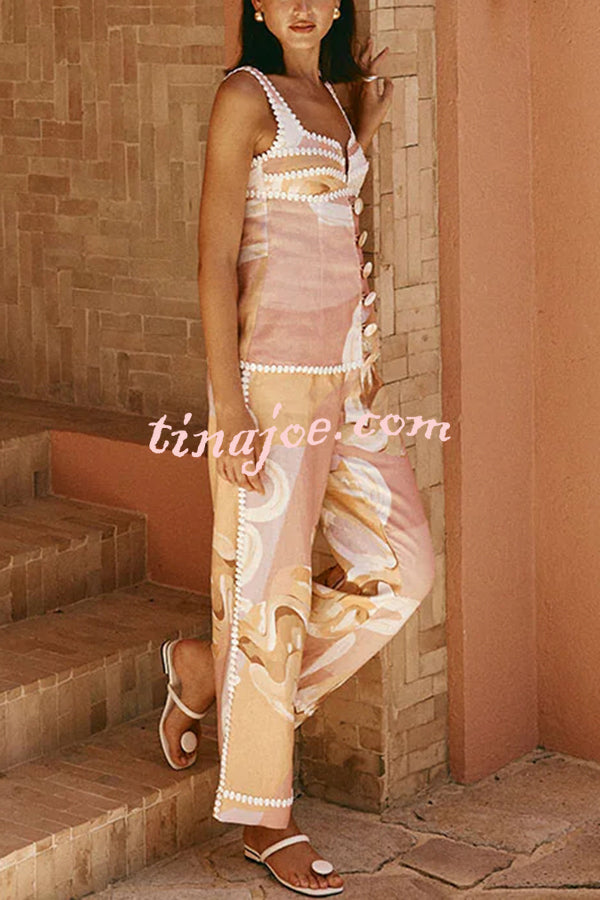 European Summer Linen Blend Ric Rac Trims Unique Print Button Tank
