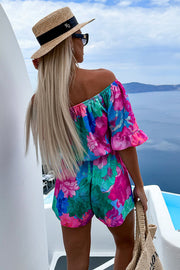 Meet At Sunset Printed Off Shoulder Belted Loose Romper