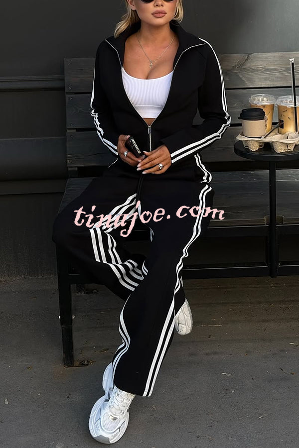 Fashionable Sports Style Striped Long-sleeved Jacket and Elastic Waist Casual Pants Set