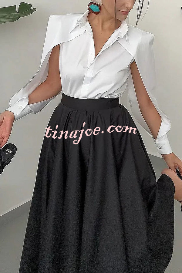 Stylish Lapel Cutout Long-sleeved Shirt and Full-hem Maxi Skirt Set