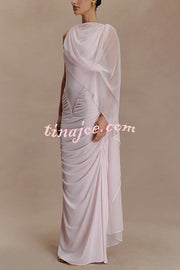 Fashionable Mesh Shawl Sleeveless Slim Fit Pleated Maxi Dress