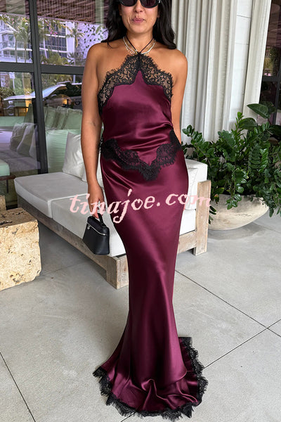 Everly Contrast Color Satin Lace Trim Halter Back Lace-up Flare Maxi Dress