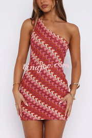 Playful Colorful Knitted Slim-fitting Offset Neck Stretch Mini Dress
