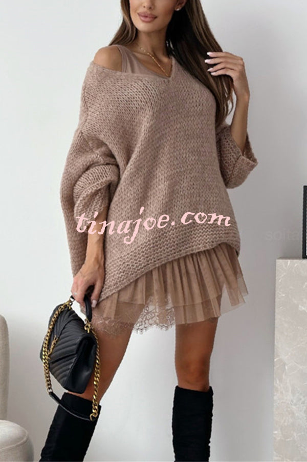 Solid Color Loose V-neck Casual Knitted Sweater