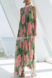 Opera Pleated Floral Halter Asymmetric Hem A-line Maxi Dress