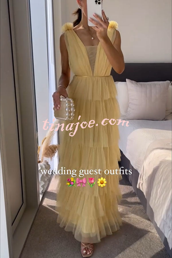 Wedding Season Tulle Plunge Front Tiered Maxi Dress