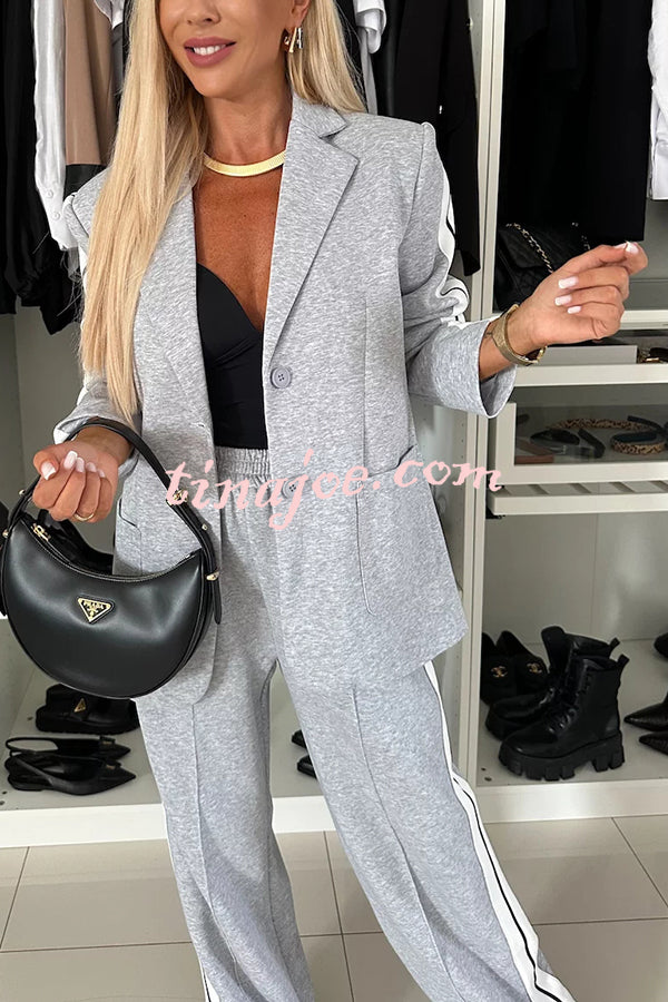 Bold Claim Sporty Patchwork Lapel Blazer and Elastic Waist Pocket Loose Pants Set