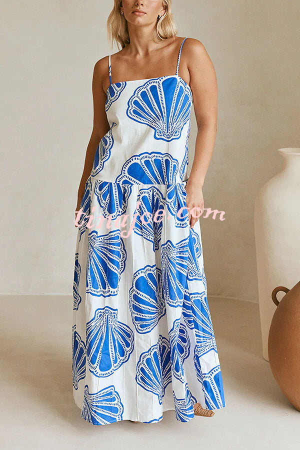 Linen Blend Shell Print Loose Strappy Resort Style Maxi Dress