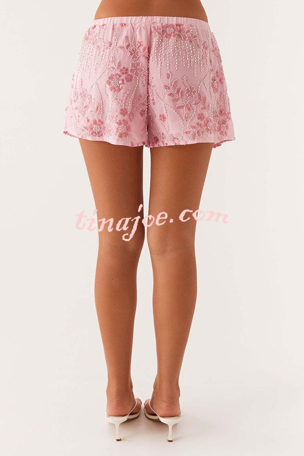 Dazzling Sequin Beaded Material Low Rise Elastic Waist Loose Shorts