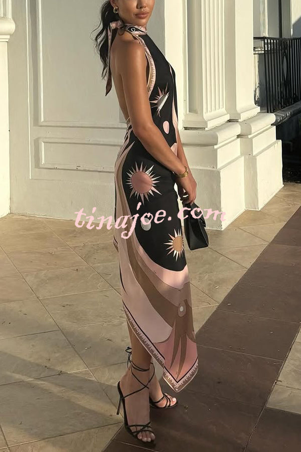Satin Unique Print Halter Neck Backless Irregular Vacation Midi Dress