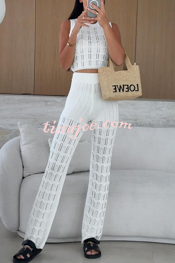 Solid Color Hollow Sleeveless Round Neck Knitted Vest and Stretch Casual Straight Pants Set