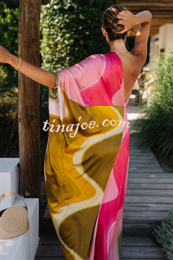 Summertime Favorites Satin Tie Dye Print One Shoulder Drape Vacation Maxi Dress