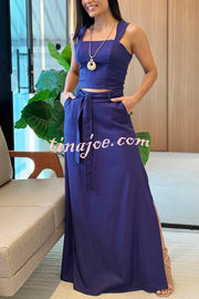 Solid Color Slim Fit Camisole Top and High Waist Slit Pocket Long Skirt Set