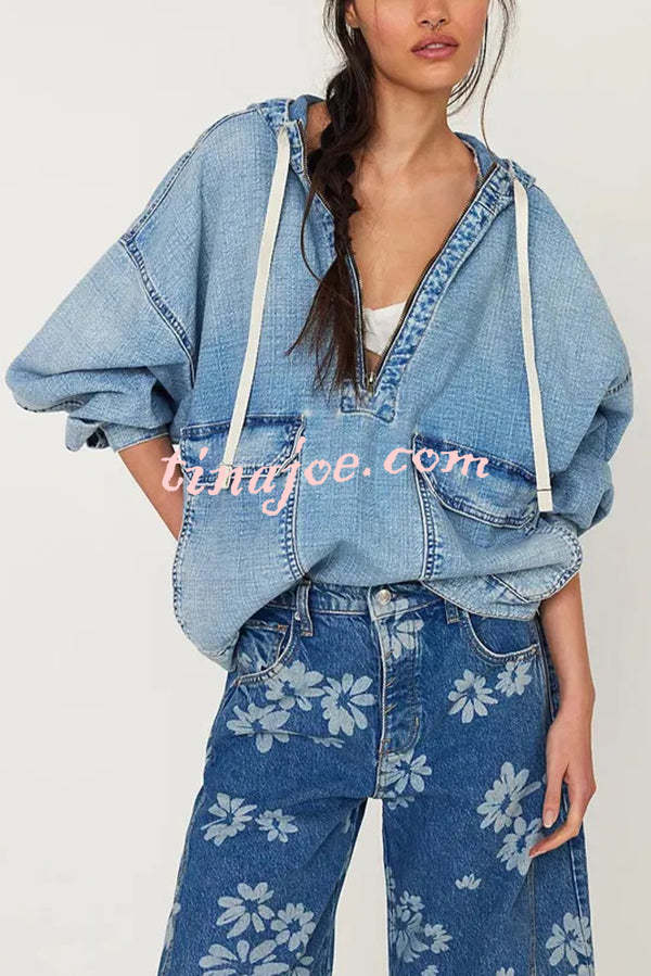 Fashion Loose Pocket Casual Denim Zipper Hoodie