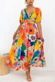 Floral Frenzy Printed Puff Sleeve Back Smocked Maxi Dress