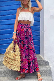 Floral Fantasy Printed High Rise  Back Elastic Waist Maxi Skirt