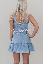 Solid Square Neck Suspender Button Pocket Denim Mini Dress